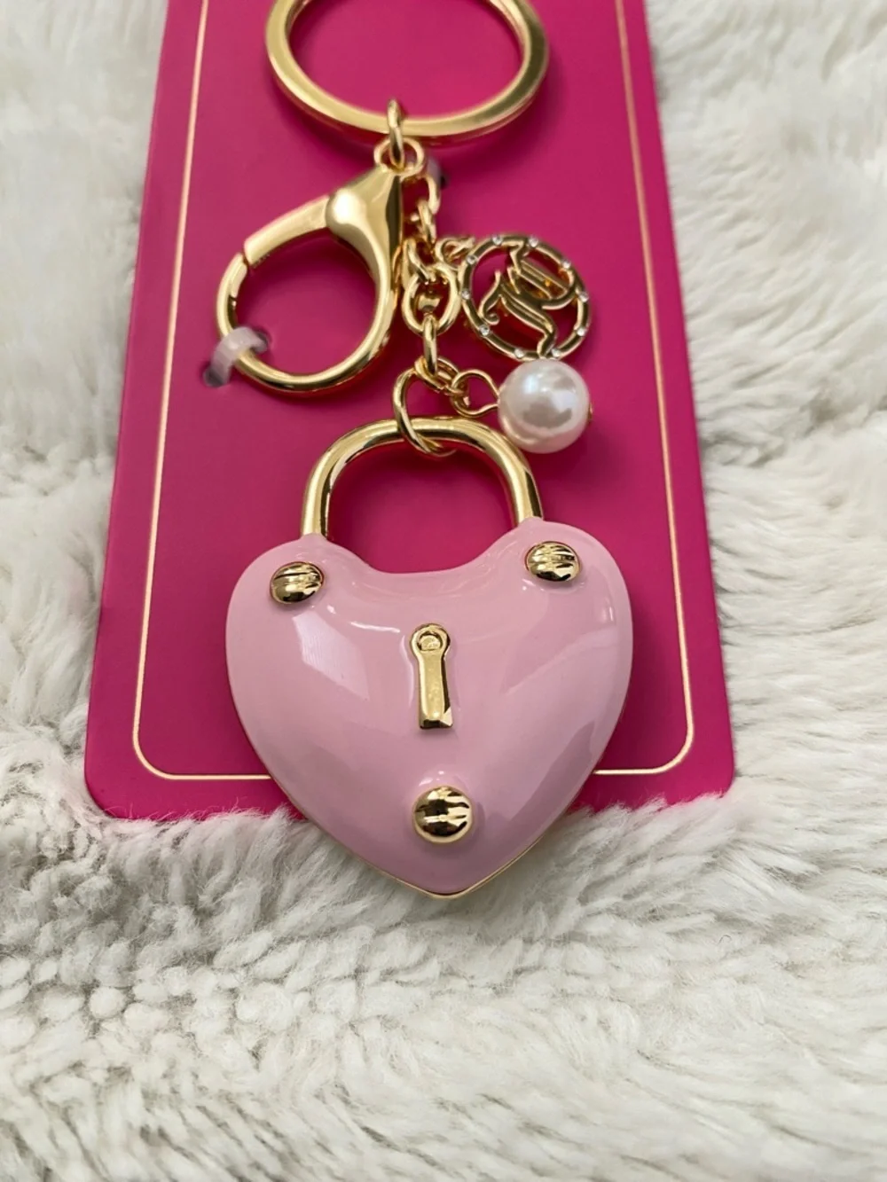 Juicy Couture Pink Heart Padlock Key & Card Holder Keychain with Gold Hardware
